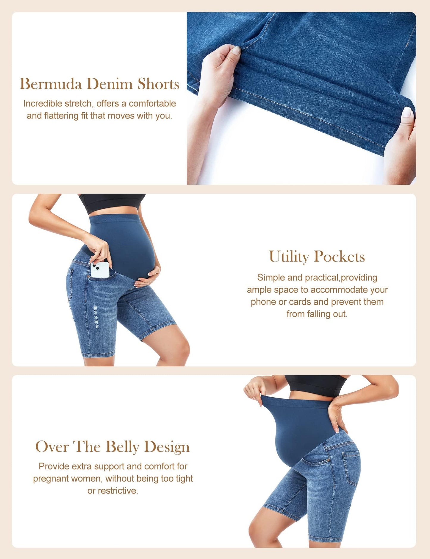 HOFISH Women's Maternity Jeans Shorts Over The Belly Stretchy Comfy Denim Shorts Pants Casual Workout Pregnancy Shorts