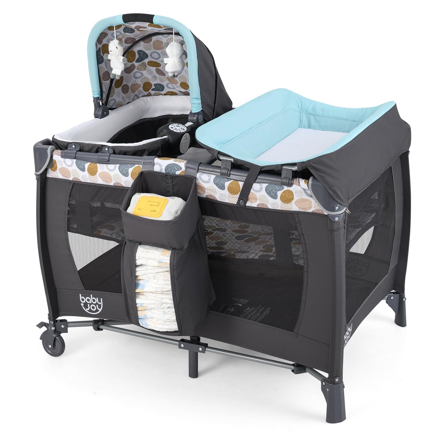 BABY JOY 5 in 1 Pack and Play, Portable Baby Playard w/Bassinet & Diaper Changing Table, Infant Pink Bassinet Crib with Toys & Music & Oxford Bag for Baby Girl Toddlers (Pink + Purple, Starry Sky)