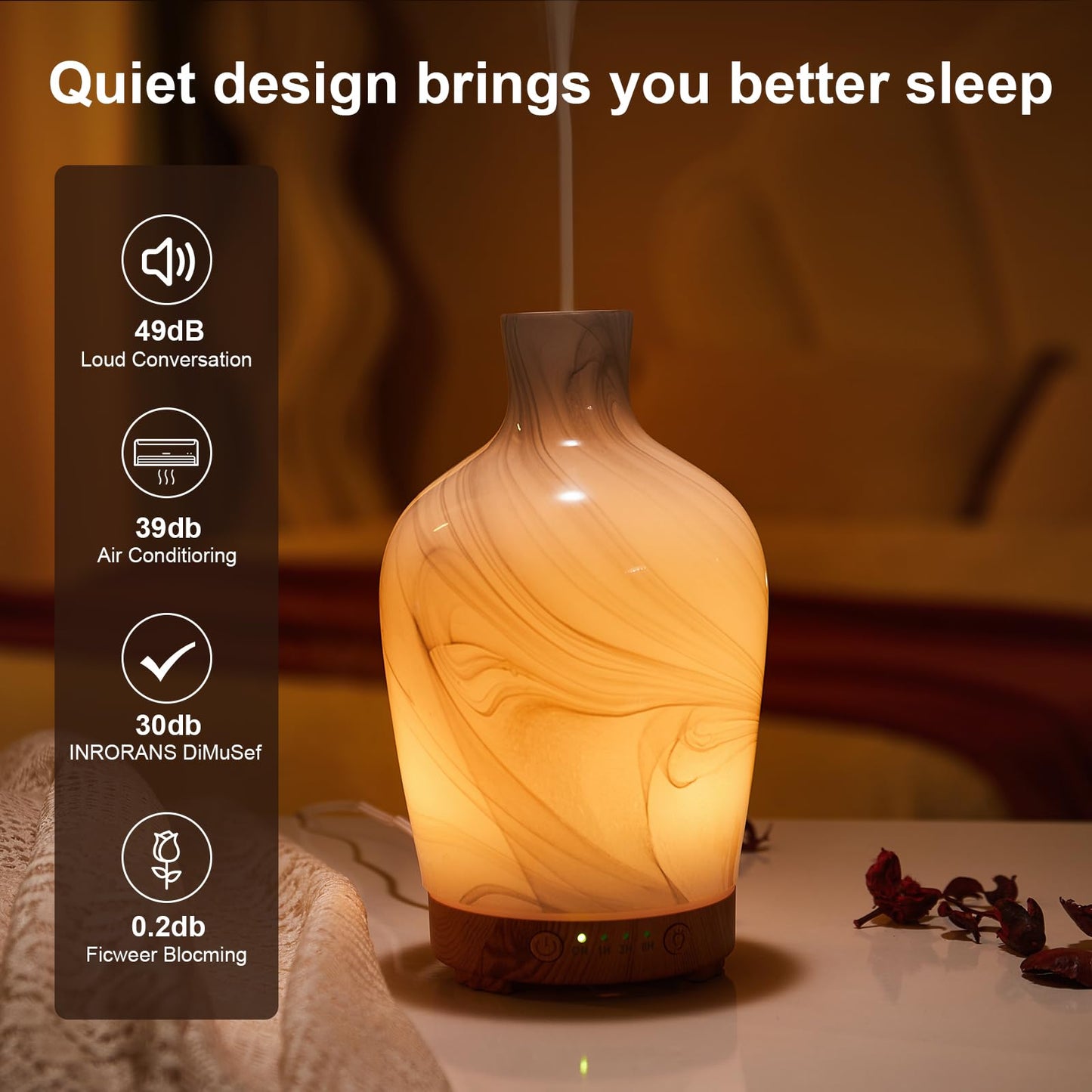 Essential Oil Diffuser Hand Blown Glass Aromatherapy Diffuser - Ultrasonic Cool Mist Scent Aroma Diffuser, Whisper Quiet with Auto Shut-Off, Timer Setting &7 Colors Night Light for Home