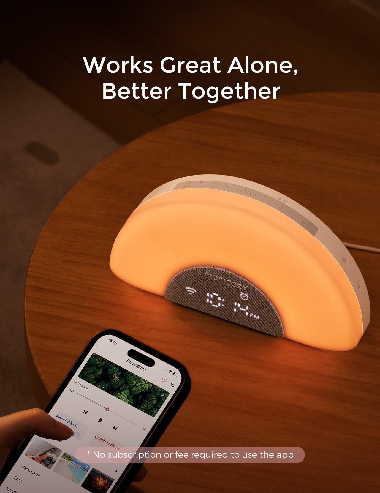 Momcozy DreamSync Tech™ Baby Sound Machine, Night Light, APP Control, Routine Builder, White Noise Machine with 34 Soothing Sounds, Wake Up Light Sunrise Alarm Clock, Wireless Speaker