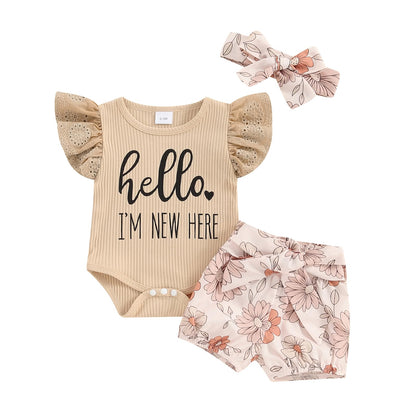 Hello World Newborn Outfit Baby Girl Going Home Outfit Ruffle Ribbed Romper Top Floral Pants Set Cute Summer Clothes