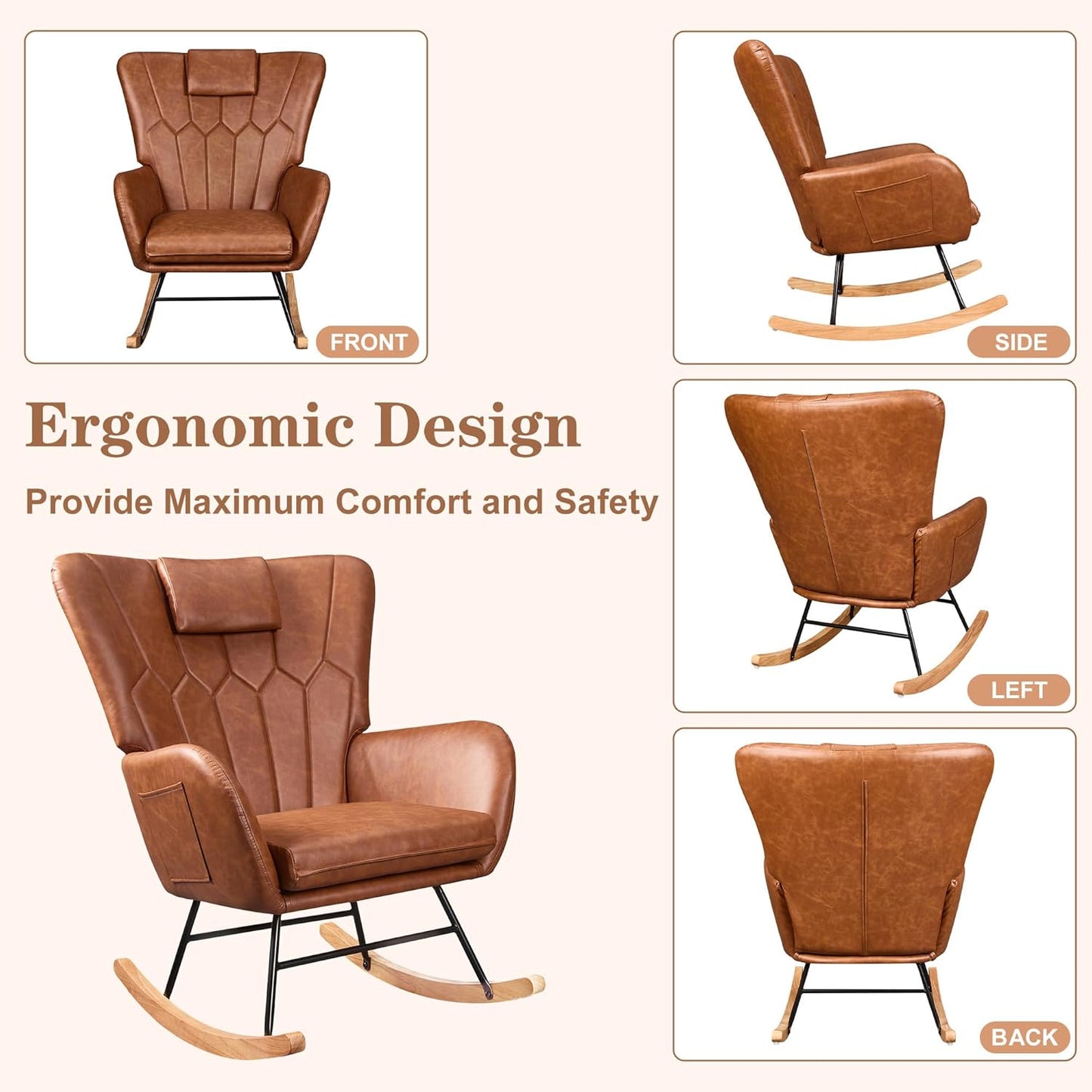 VECELO Rocking Chair Nursery with Thick Headrest, Modern PU Upholstered Reading Glider Rocker Accent Armchair with High Backrest, Padded Seat, Side Pocket, for LivingRoom, Bedroom, Baby Room, Brown