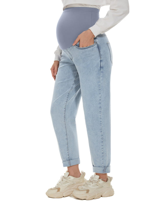 POSHGLAM Women's Maternity Jeans Over Belly Comfy Stretch Boyfriend Jeans Loose Pregnancy Pants, S-XXL