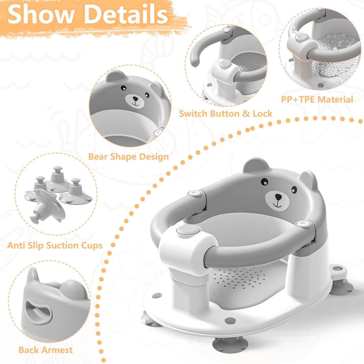 Baby Bath Seat for Babies 6 Months & Up, Toddler Bath Seats for Babies Sitting Up, Non-Slip Infant Bath Tub Chair with 4 Suction Cups & Soft Cushion for Shower, Compact Toddler Bathtub Seat, Pink