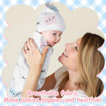 Ramede 6 Pack Baby Swaddle Blanket with Hats Sleep Swaddle for 0-3 Months Newborn Sacks Soft Cotton Wearable for Boy Girl
