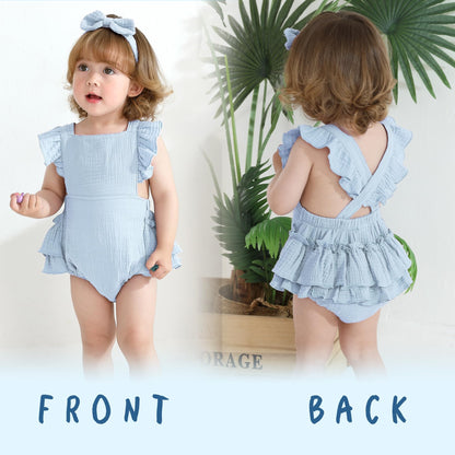 Happy Town Baby Girl Clothes Toddler Summer Linen Romper Sleeveless Ruffle Outfits Infant Girls Jumpsuit with Headband