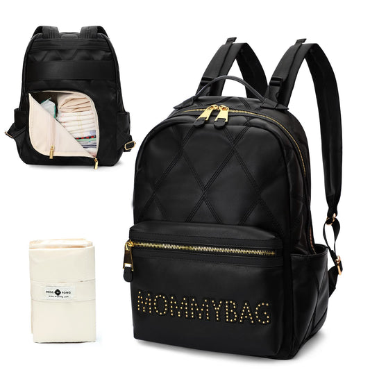 miss fong Diaper Bag Backpack Baby Diaper Bag for baby boy and girls, Leather Baby Bag with 13 diaper bag organizing pouches, Changing Pad, Stroller Straps and 4 Insulated Pockets(Black)