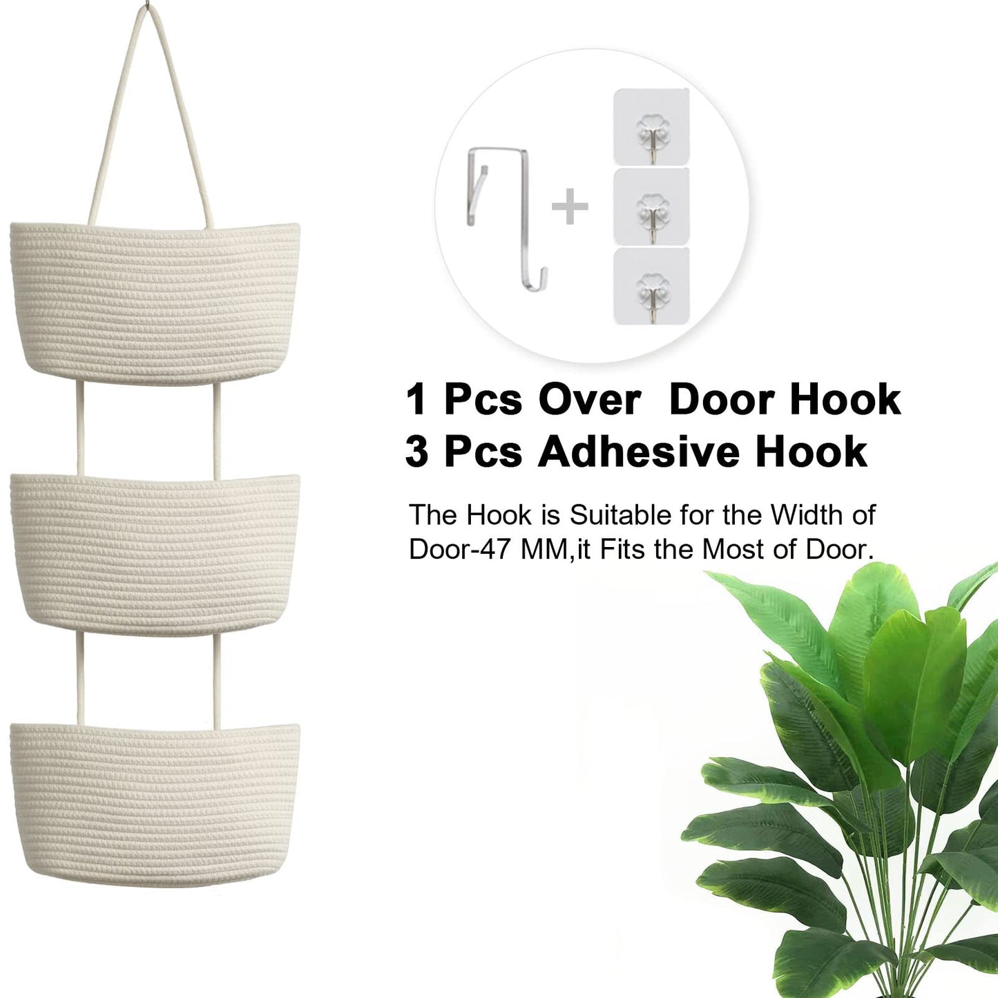 TeoKJ Over the Door Hanging Basket, 3-Tier Woven Cotton Wall-Mounted Storage Organizer Bag Decorative Hanging Nursery Baskets - Jute