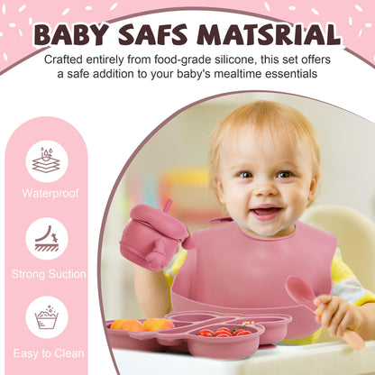 Silicone Baby Feeding Set, Baby Led Weaning Supplies, Silicone Suction Butterfly Plate, Bowl, Spoons, Fork and Waterproof Bib & Cloth Bib, Eating Utensils Baby Feeding Essentials (Purple)