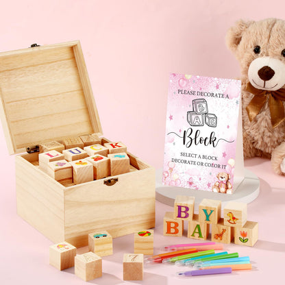 Marsui 136 Pcs Baby Shower Blocks to Decorate Game Kit Includes 98 Wooden Blocks, 36 Markers, 1 Game Sign, 1 Storage Box for Baby Shower Gender Reveal Activity Party Decorations(Pink Elephant)