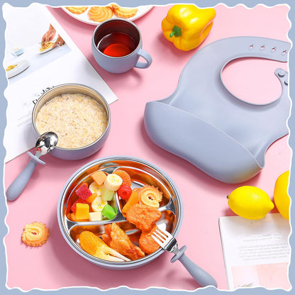 Nuogo 6 Pcs 304 Stainless Steel Kids Plates and Bowls Set Stainless Steel Suction Bowls and Toddler Cup with Removable Silicone, Forks Spoons Pocket Bib for Baby Toddle(Pink,Round)