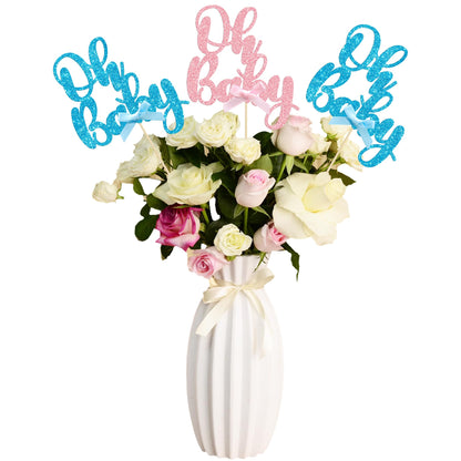 Gyufise 12Pcs Oh Baby Centerpiece Sticks Double Sided Blue Pink Bow Glitter Baby Shower Cupcake Picks Gender Reveal Table Flower Centerpieces for Baby Shower Birthday Party Supplies Gold