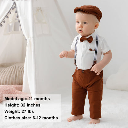 YALLET Baby Boy Clothes Suit Newborn Infant Gentleman Outfits, Formal Dress Shirt+Bowtie+Suspender Shorts Wedding Party Set