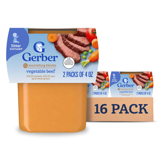 Gerber Baby Food 2nd Foods, Dinner, Vegetable & Beef Puree, 4 Ounce Tubs, 2-Pack (Pack of 8)