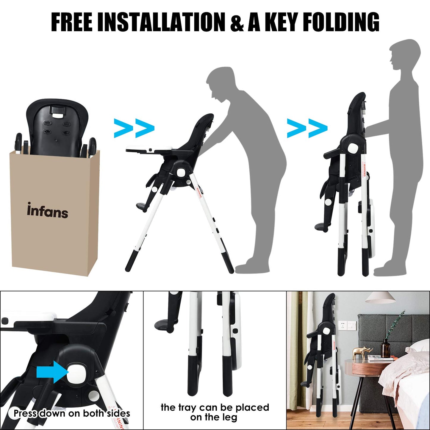 INFANS High Chair for Babies & Toddlers, Foldable Highchair with Multiple Adjustable Backrest, Footrest and Seat Height, Removable Tray, Detachable PU Leather Cushion, Built-in Rear Wheels (Black)