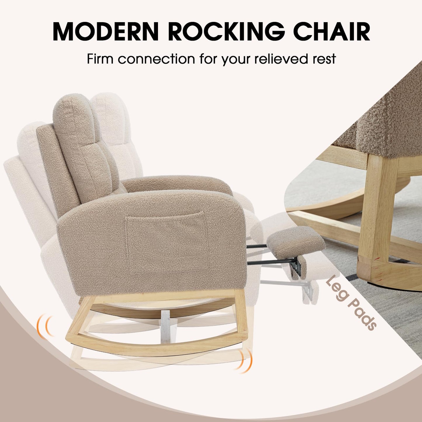 NIOIIKIT Modern Nursery Rocking Chair, Teddy Upholstered Rocking Chair with Footrest, Comfortable Glider Rocker with Side Pocket for Living Room, Bedroom, Nursing Room (Beige)