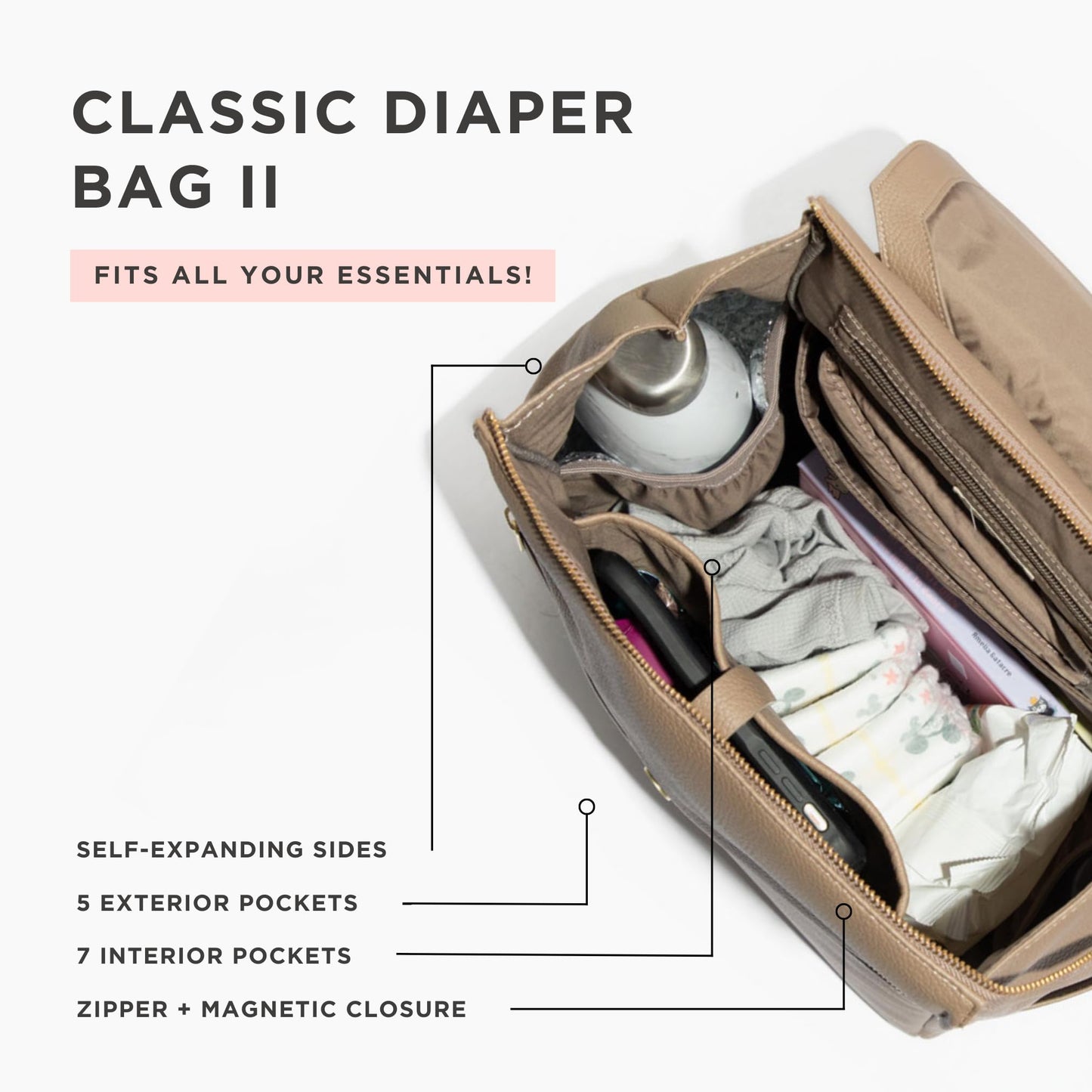 Freshly Picked Classic II Diaper Bag Backpack, Wipeable Vegan Leather With Changing Pad (Sage Green V2)