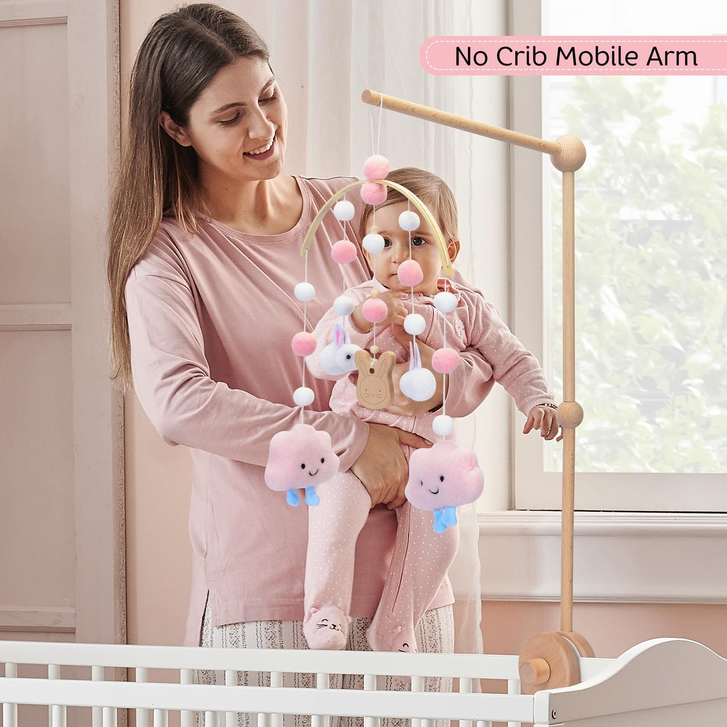 Baby Crib Mobile - Cloud Mobile for Crib, Felt Cloud Nursery, Baby Bassinet Mobile - Shower Set for Infant Bedroom Hanging Decoration (Pink)