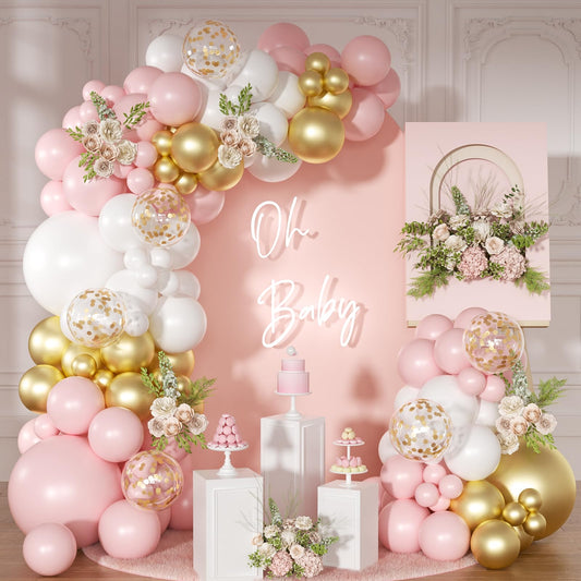 Pink and White Balloon Arch Kit, 138 Pcs Pink and Gold Balloon Garland Arch Kit Include Pastel Pink White Gold Confetti Balloons for Birthday Baby Shower Wedding Bridal Shower Party