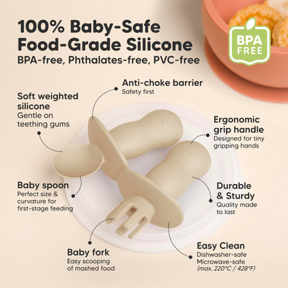 KeaBabies 4-Pack Silicone Baby Spoons and Forks Set - Baby Led Weaning Utensils 6-12 Months, Self Feeding Toddler Spoon & Fork for Training, Teething, Easy to Hold, BPA-Free Silicone (Roseate)