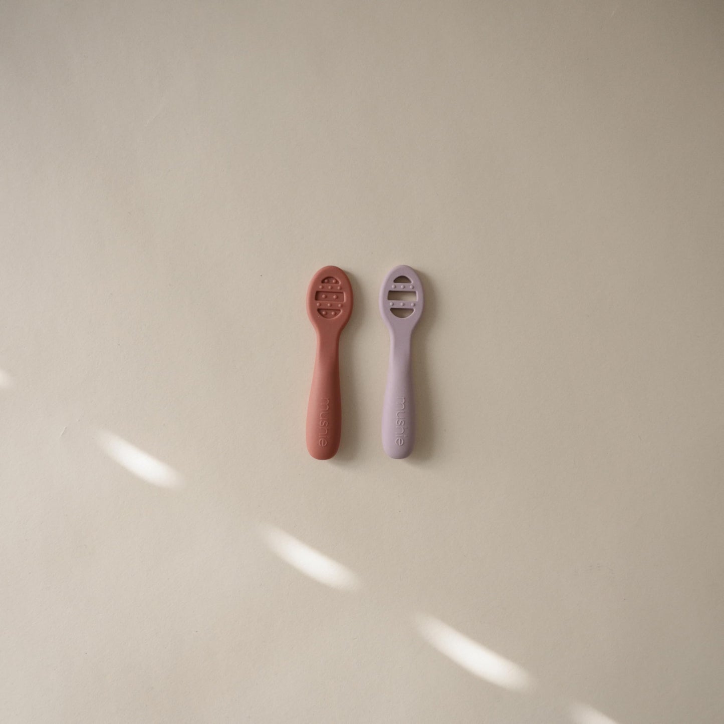 mushie Silicone First Feeding Baby Spoons | 2 Pack (Tradewinds/Shifting Sand)