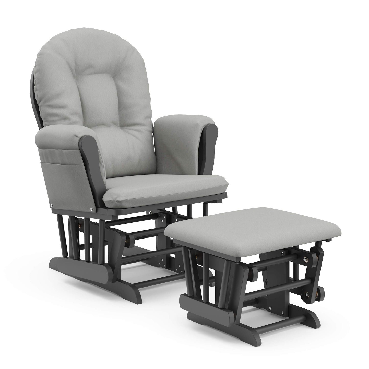 Storkcraft Premium Hoop Glider and Ottoman (Espresso Base, Gray Cushion) – Padded Cushions with Storage Pocket, Smooth Rocking Motion, Easy to Assemble, Solid Hardwood Base