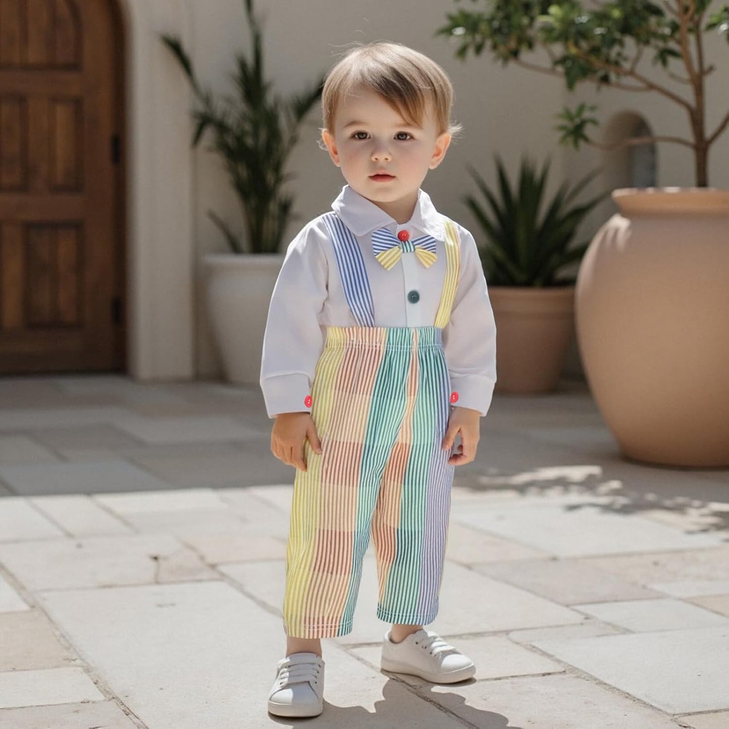 Infant Baby Boy Gentleman Outfit Long Sleeve Romper Bowtie Rainbow Striped Suspender Pants Set Dress Clothes Fall