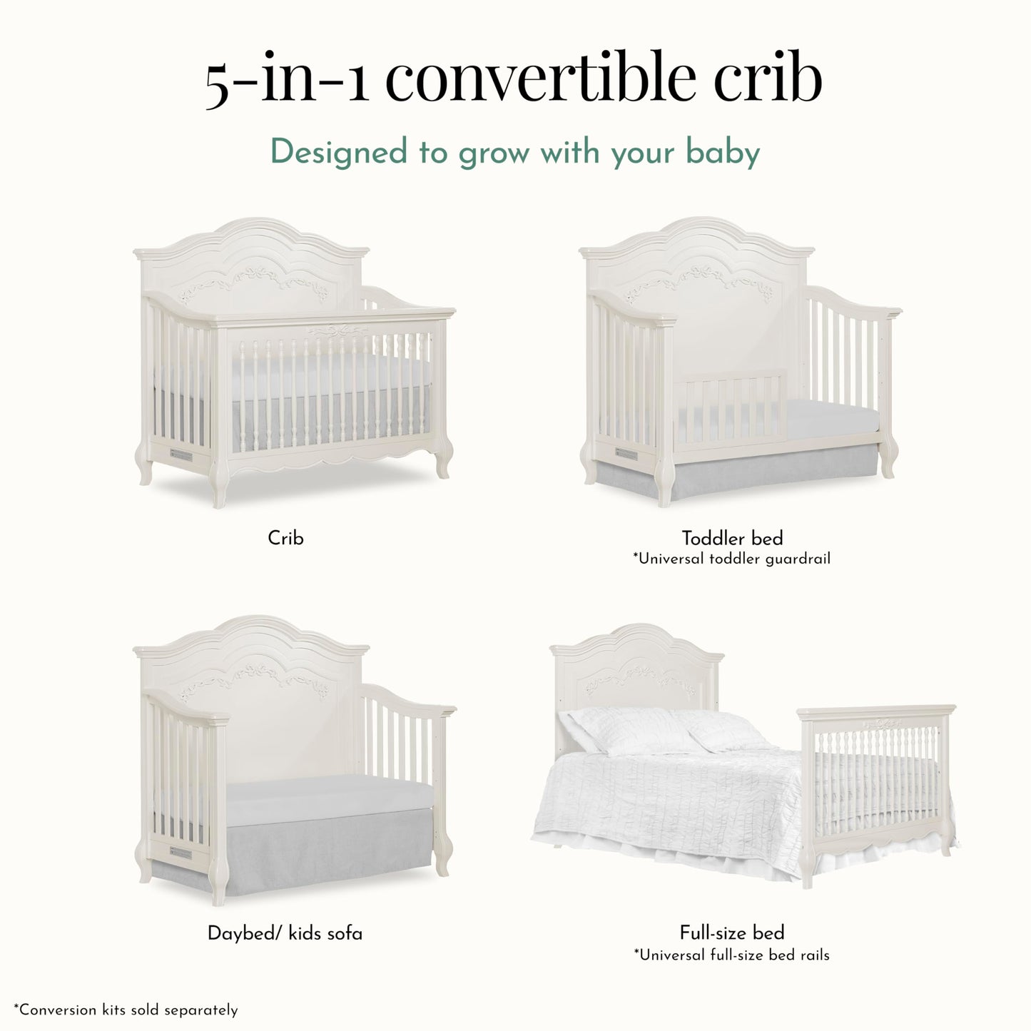 Evolur Aurora 5-in-1 Convertible Crib in Ivory Lace, Greenguard Gold Certified, Features 3 Mattress Height Settings, Sturdy and Spacious Baby Crib, Wooden Furniture