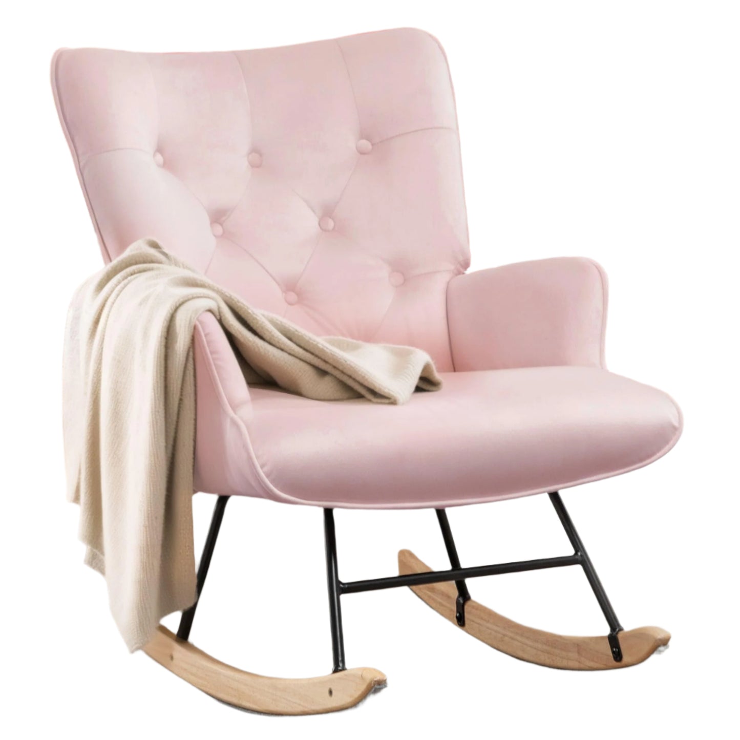 Rocking Chair for Nursery, Comfy Velvet Fabric Glider Rocker, Reading Chair with Support Seating and Side Pockets, Rocking Recliner Chair for Living Room, Bedroom, Balcony, Creamy Beige