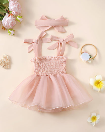Renotemy Baby Girl Tulle Dress Sleeveless Romper Smocked Halter 1st Birthday Clothes Cake Smash Outfits with Flower Headband