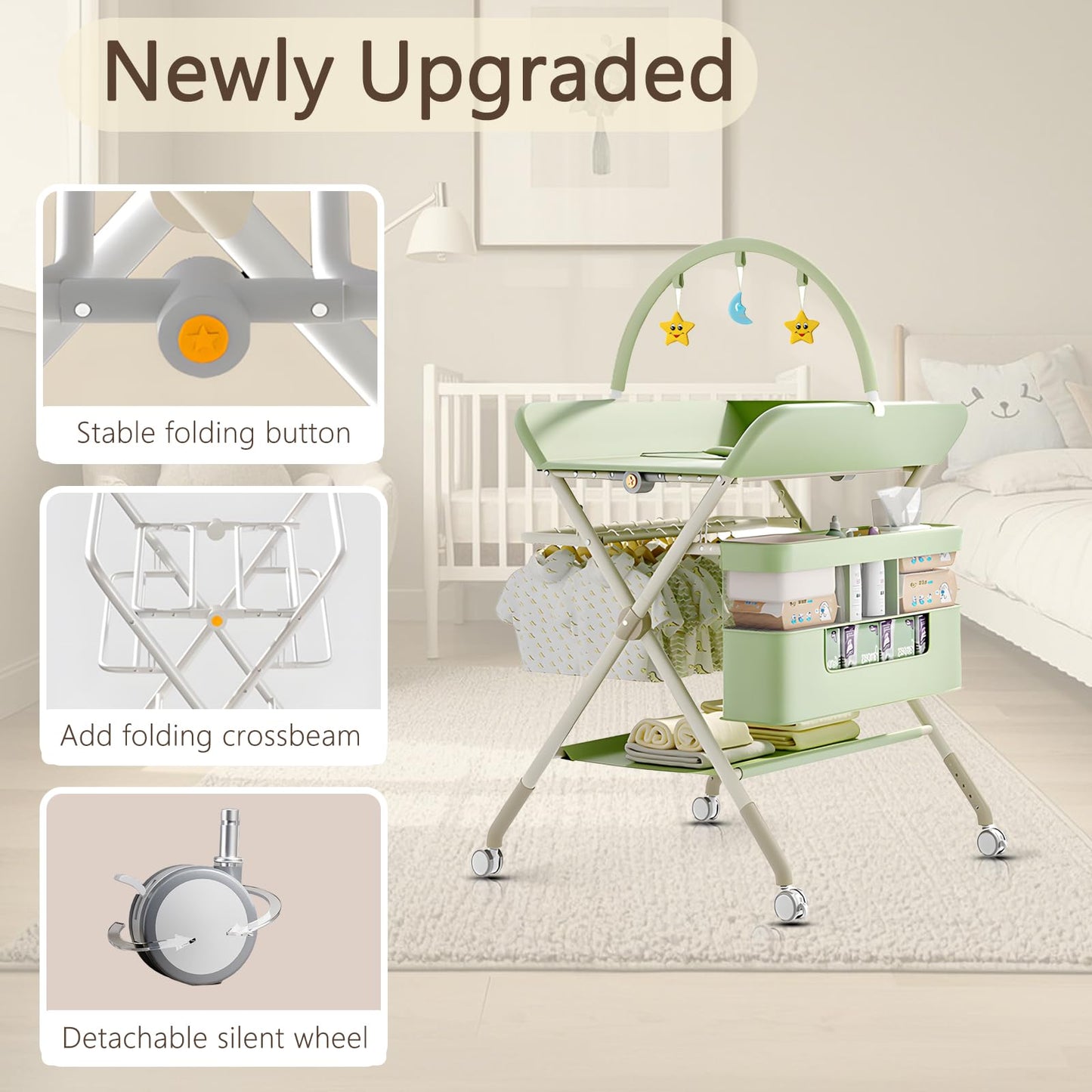 Foldable Portable Changing Table for Baby,Upgraded Style Baby Portable Diaper Changing Station with Wheels,Nursery Five Level Adjustable Height Changing Table with Organizer Storage(Green)