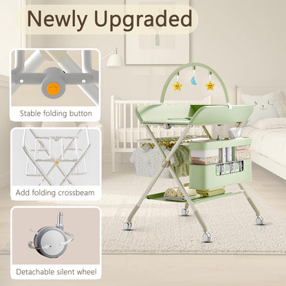 Foldable Portable Changing Table for Baby,Upgraded Style Baby Portable Diaper Changing Station with Wheels,Nursery Five Level Adjustable Height Changing Table with Organizer Storage(Green)