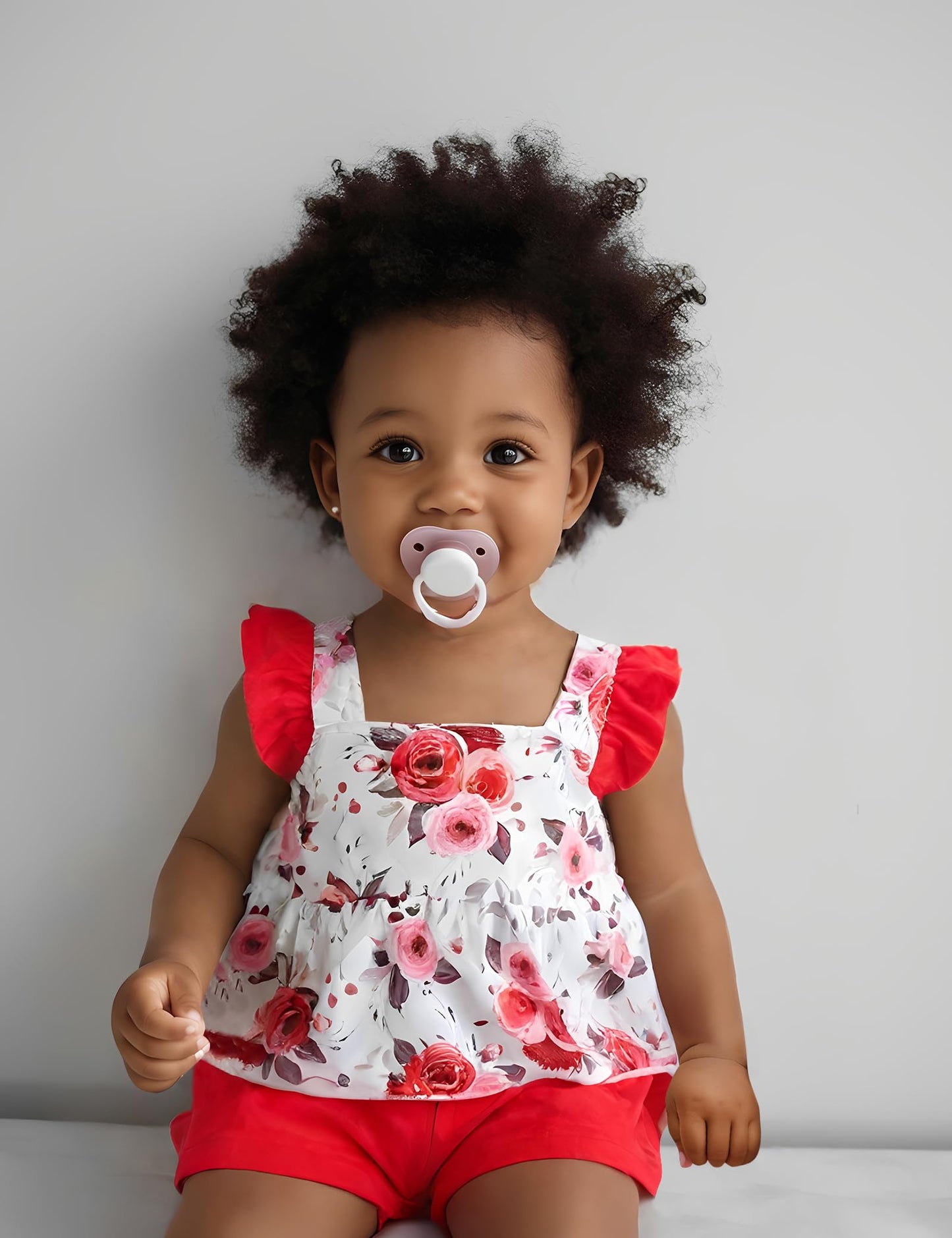 3-18M Newborn Baby Girl Pink Outfits Set Ruffle Sleeve Floral Top + Soild Shorts with Belt