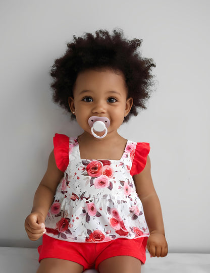 3-18M Newborn Baby Girl Pink Outfits Set Ruffle Sleeve Floral Top + Soild Shorts with Belt