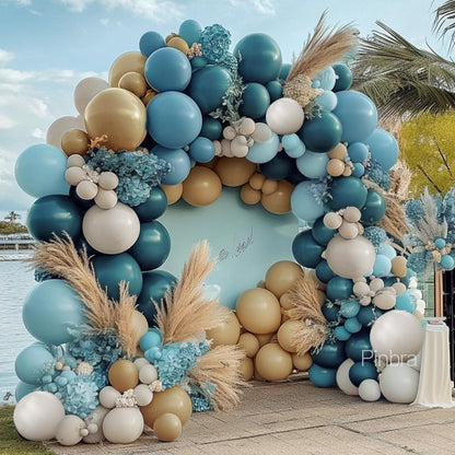 Dusty Blue Tan Balloon Garland Double Stuffed Slate Pastel Blue Brown Nude White Sand Latex Balloons Arch Kit for Neutral Baby Shower Birthday Bridal Wedding Bear Theme Party Decorations