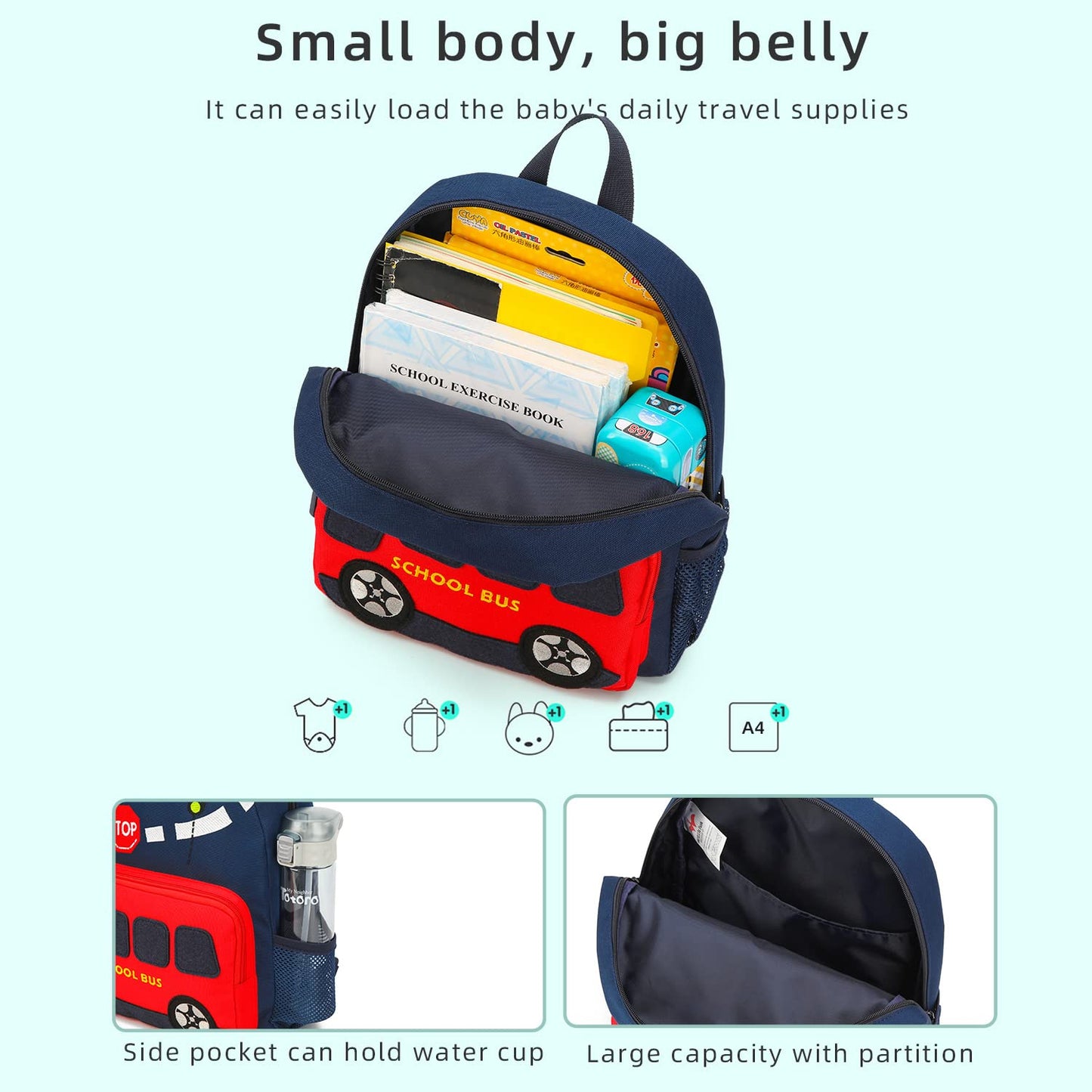 Car Dinosaur Kids Toddler Backpack for Boys and Girls Children Waterproof Preschool Bag(Red Music Party)