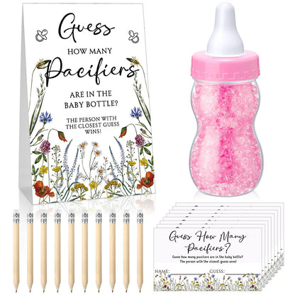 Roowest 512 Pcs Baby Shower Games Guess How Many Pacifiers Sign 100 Small Guessing Games 10 HB Pencils 750ml Milk Bottle 400 Acrylic Pacifiers Decoration for Guest Gender Reveal(Pink,Bear)