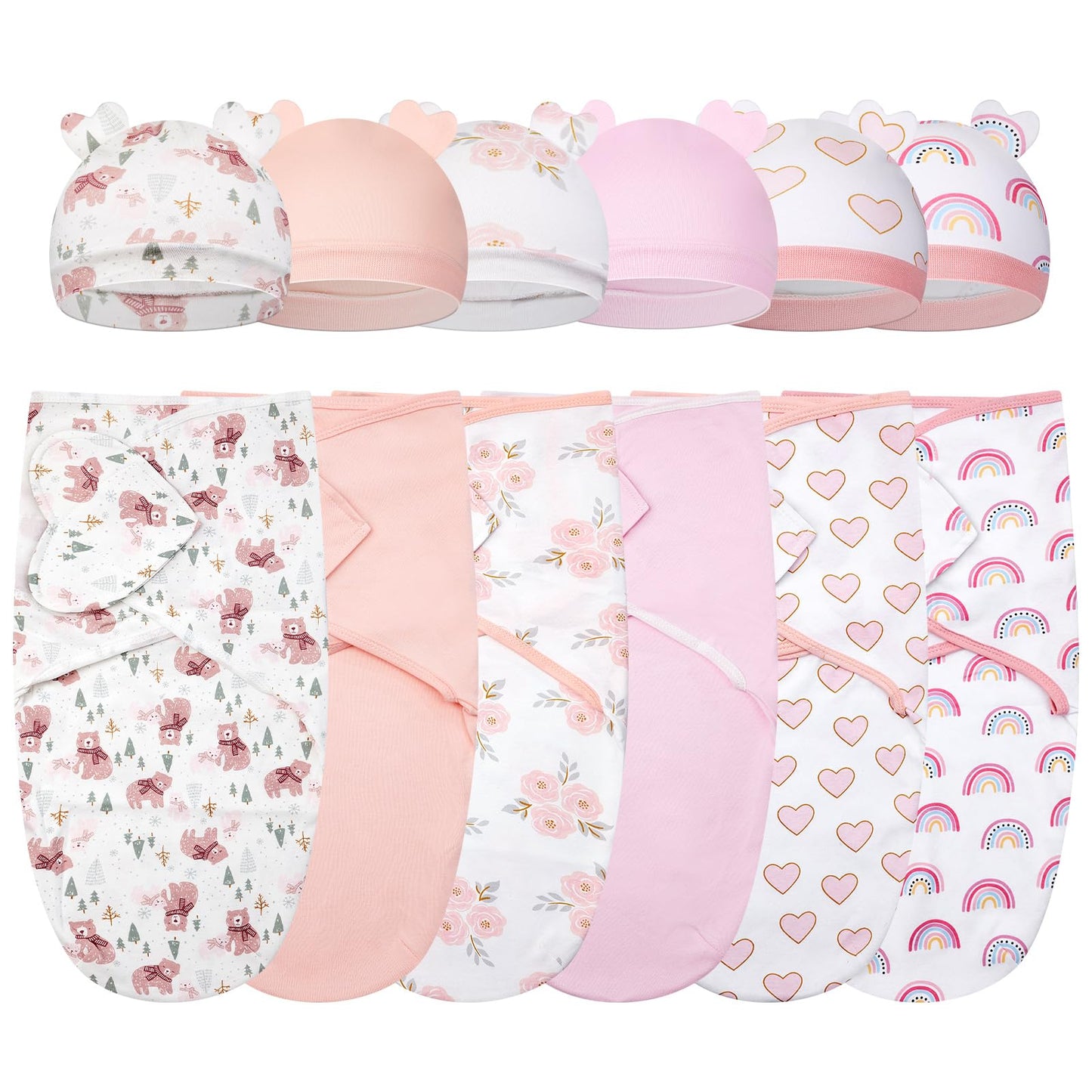 Ramede 6 Pack Baby Swaddle Blanket with Hats Sleep Swaddle for 0-3 Months Newborn Sacks Soft Cotton Wearable for Boy Girl