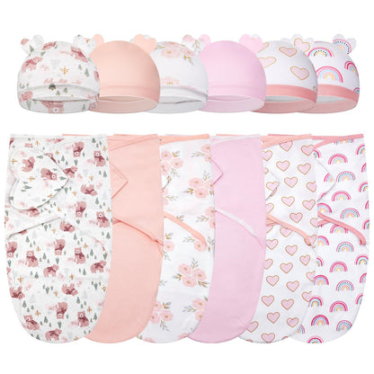 Ramede 6 Pack Baby Swaddle Blanket with Hats Sleep Swaddle for 0-3 Months Newborn Sacks Soft Cotton Wearable for Boy Girl