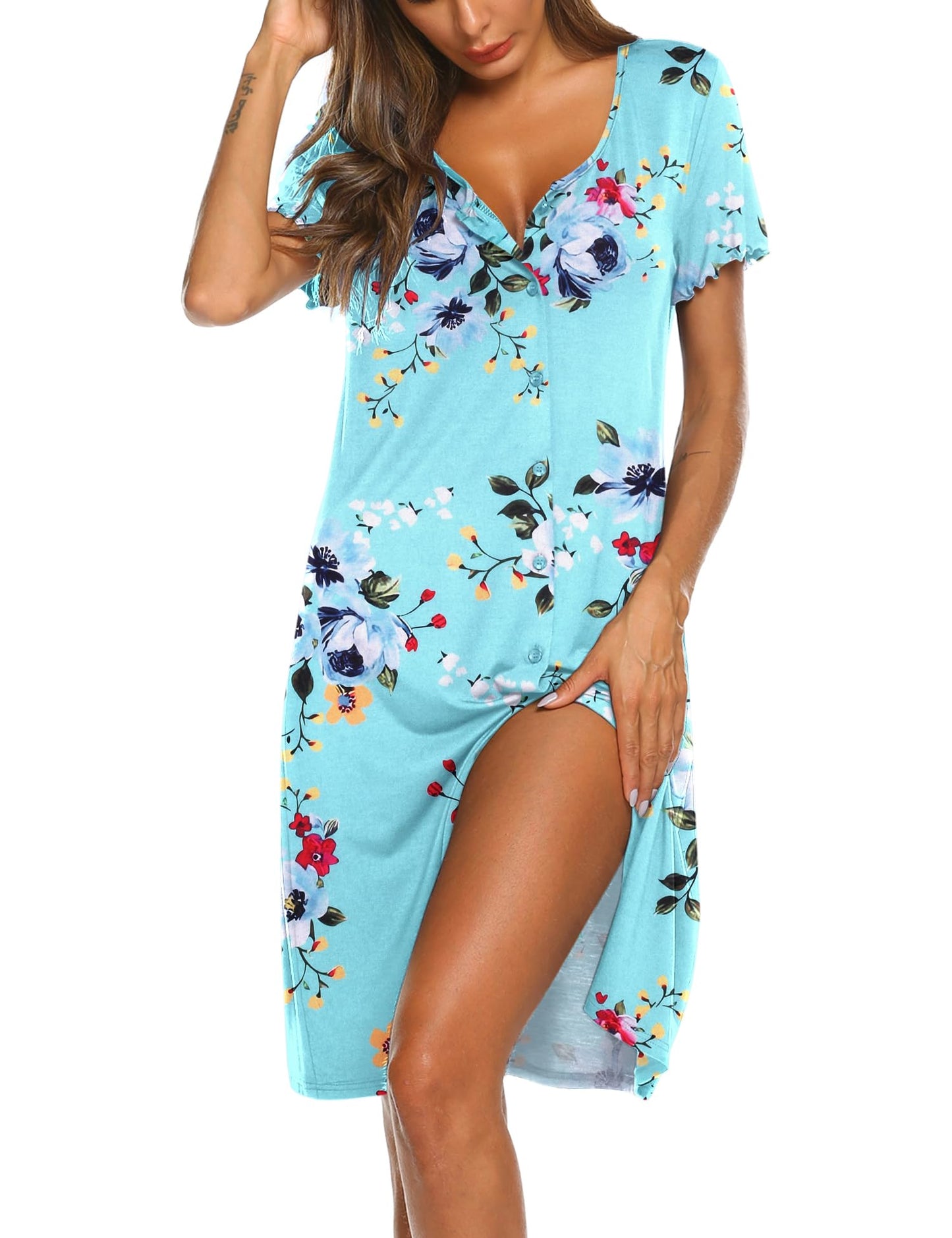 Ekouaer Women's Nightshirt Short Sleeve Button Down Nightgown V-Neck Sleepwear Pajama Dress