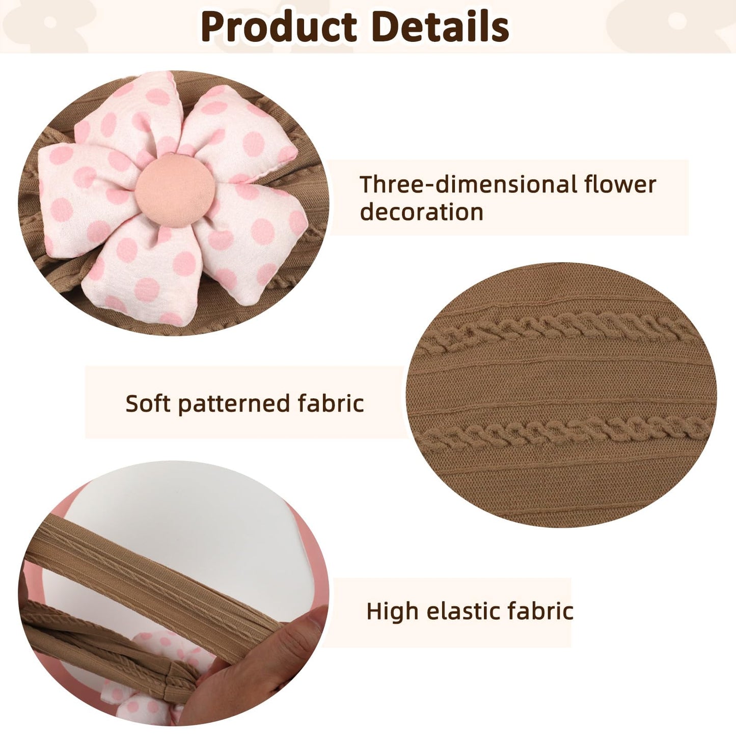 3 Pcs Baby Flower Headbands Baby Girls Nylon Headband Soft Hairbands Hair Accessories for Newborn Infant Toddler Kids (Beige Pink Khaki)