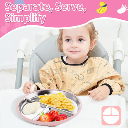 Stainless Steel Baby Plate with Suction, 9” Divided Toddler Plates with Removable Silicone Sleeves for Kids, Non-Toxic Non-Slip Unbreakable Dishwasher Safe Dinnerware Set of 2, Pink & Beige