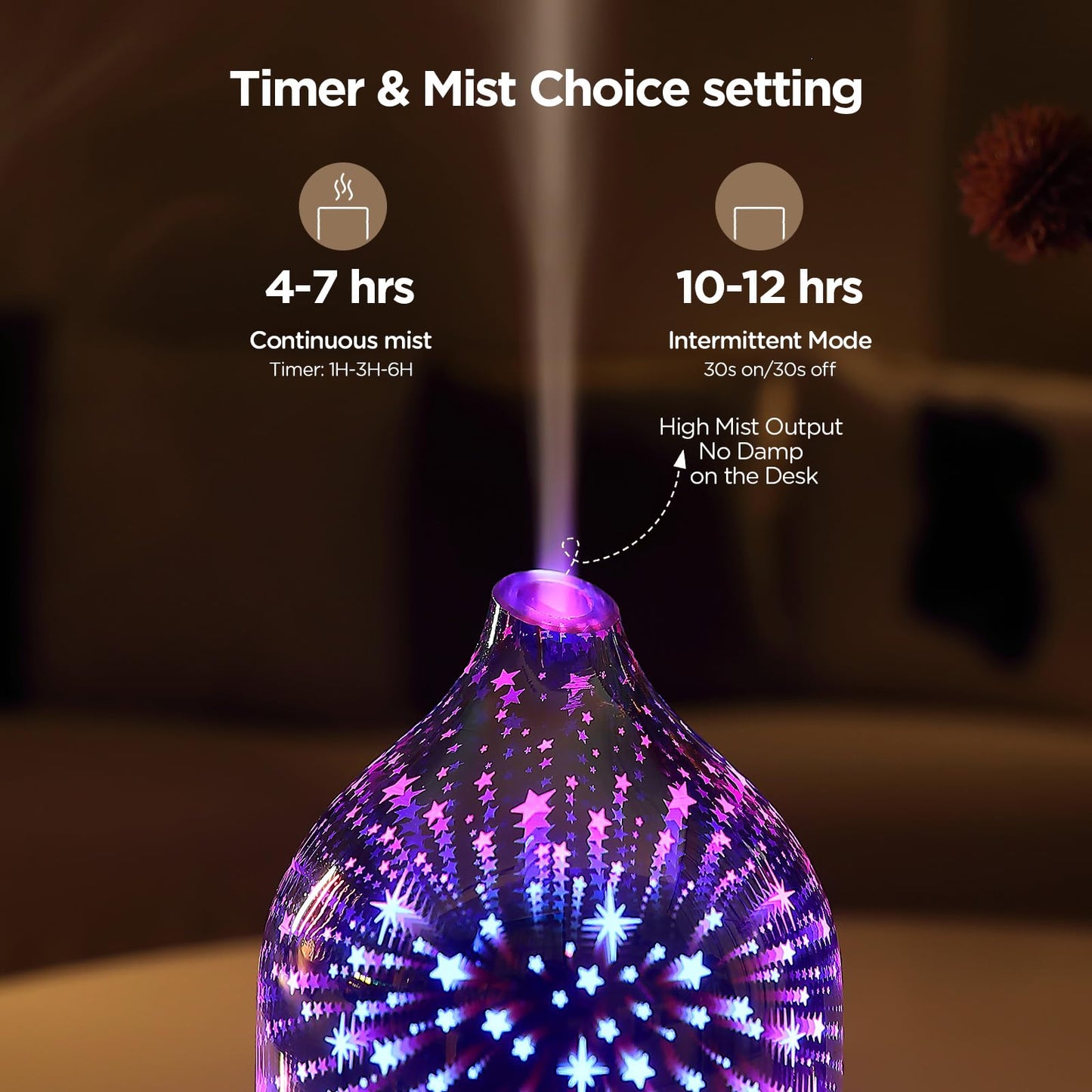 Essential Oil Diffuser Hand Blown Glass Aromatherapy Diffuser - Ultrasonic Cool Mist Scent Aroma Diffuser, Whisper Quiet with Auto Shut-Off, Timer Setting &7 Colors Night Light for Home
