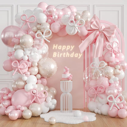 Pink Bow Balloon Arch Kit with Clear Light Pearl Pink and White Balloons for Coquette Bow Themed Bridal Baby Shower Wedding Birthday Party Decorations