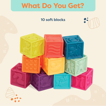 B. toys – Baby Blocks – Stacking & Building Toys For Babies – 10 Soft & Educational Blocks- Numbers, Shapes, Colors, Animals- One Two Squeeze- 6 Months +