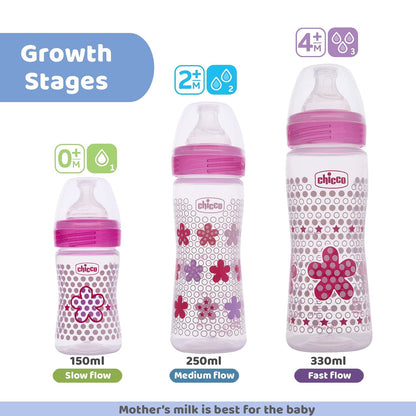 Chicco Well-Being 330 ml Feeding Bottle, Advanced Anti-Colic System, BPA Free, Hygienic Silicone Teat (Pink)