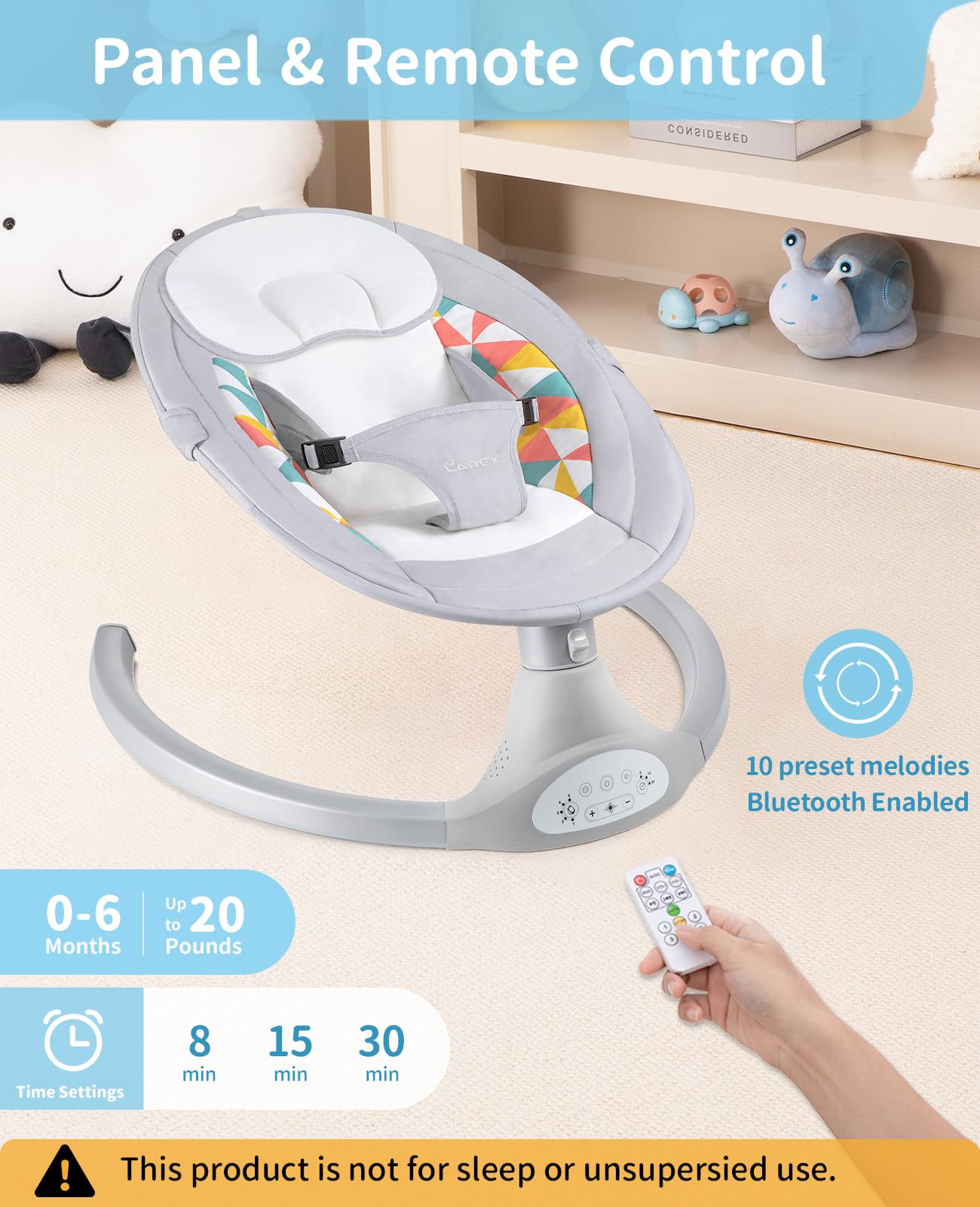 LAREX Baby Swings Electric Baby Swing Bluetooth Infant Swing Portable Rocker with 5 Speeds, 1 Seat Position, Remote Control, Grey