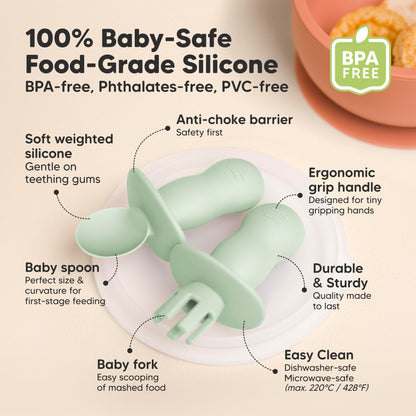 KeaBabies 4-Pack Silicone Baby Spoons and Forks Set - Baby Led Weaning Utensils 6-12 Months, Self Feeding Toddler Spoon & Fork for Training, Teething, Easy to Hold, BPA-Free Silicone (Roseate)