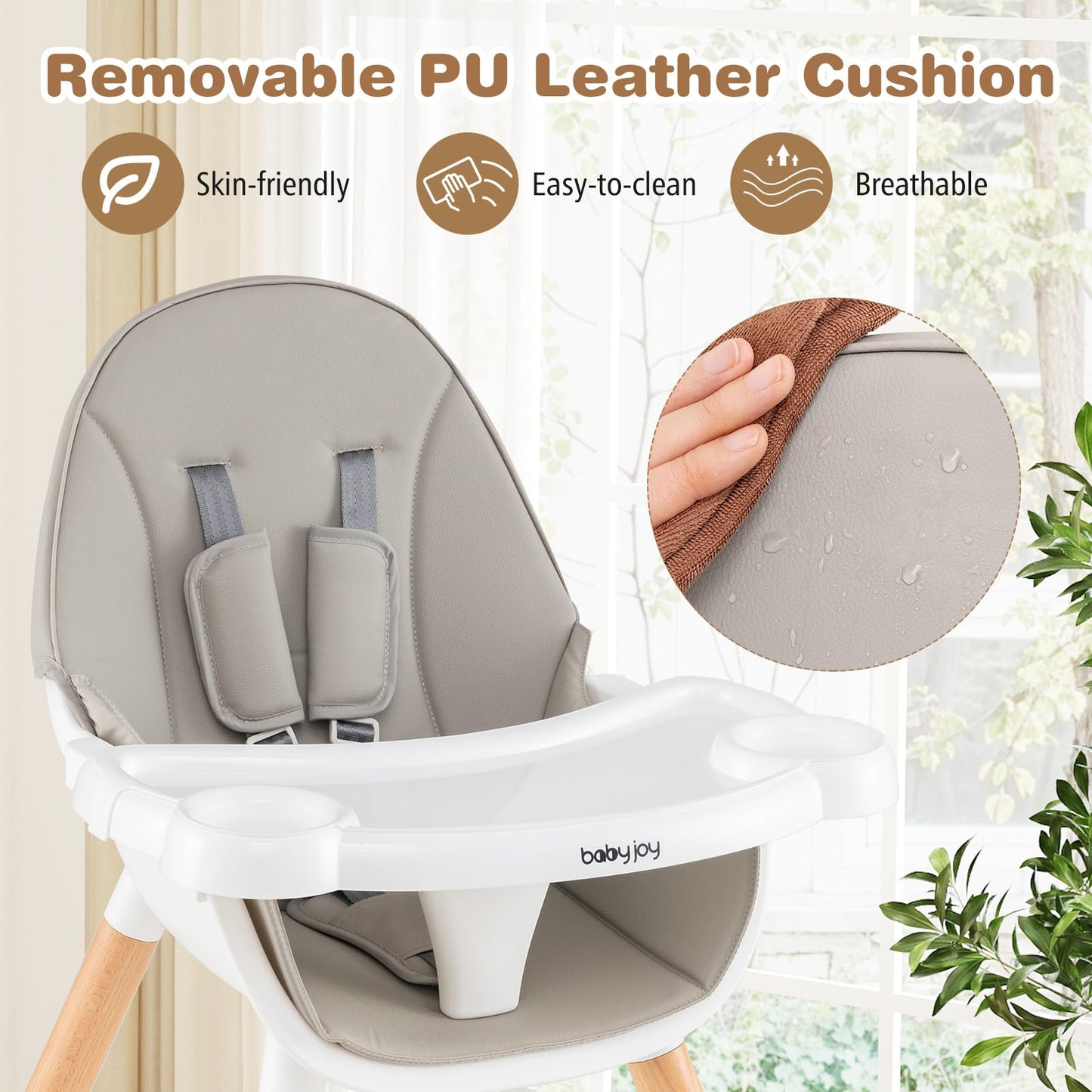 BABY JOY 6 in 1 High Chair, Convertible High Chairs for Babies and Toddlers/Booster Seat/Table and Chair Set, Infant Wooden Highchair w/ 5-Point Harness, 4-Position Removable Tray & PU Cushion, Coffee