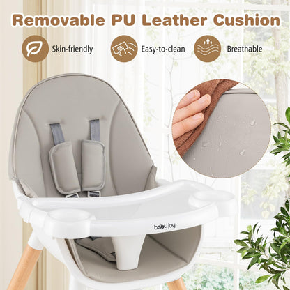 BABY JOY 6 in 1 High Chair, Convertible High Chairs for Babies and Toddlers/Booster Seat/Table and Chair Set, Infant Wooden Highchair w/ 5-Point Harness, 4-Position Removable Tray & PU Cushion, Coffee